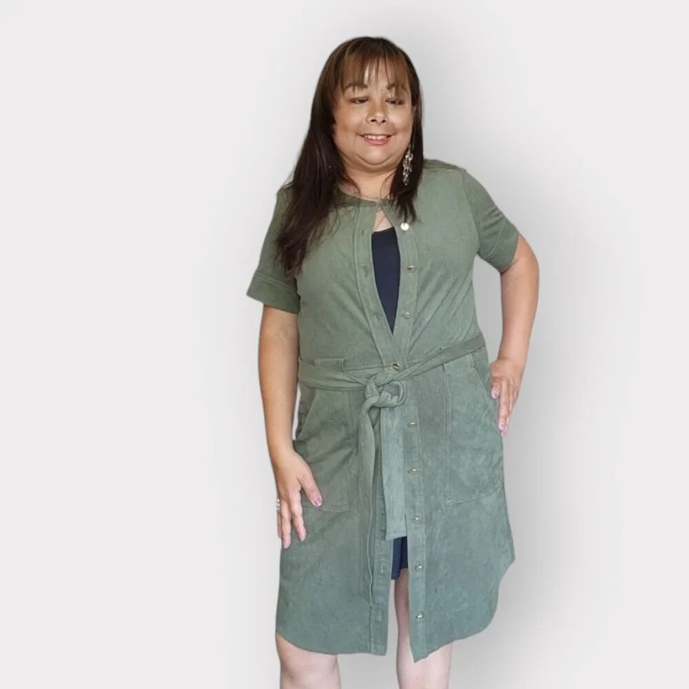 WOMENS SIZE 8 OLIVE GREEN SHORT SLEEVE UTILITY JACKET WITH BUTTON DOWN AND BELT - Picture 5 of 6